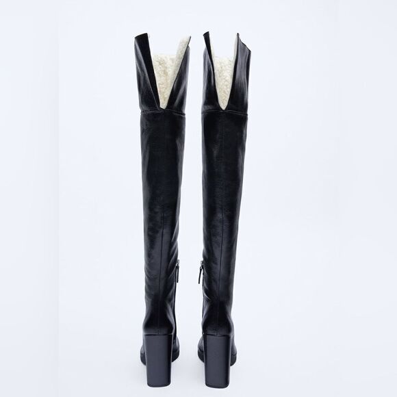 Zara OVER-THE-KNEE LEATHER BOOTS WITH FAUX SHEARLING LINING - Picture 5 of 11